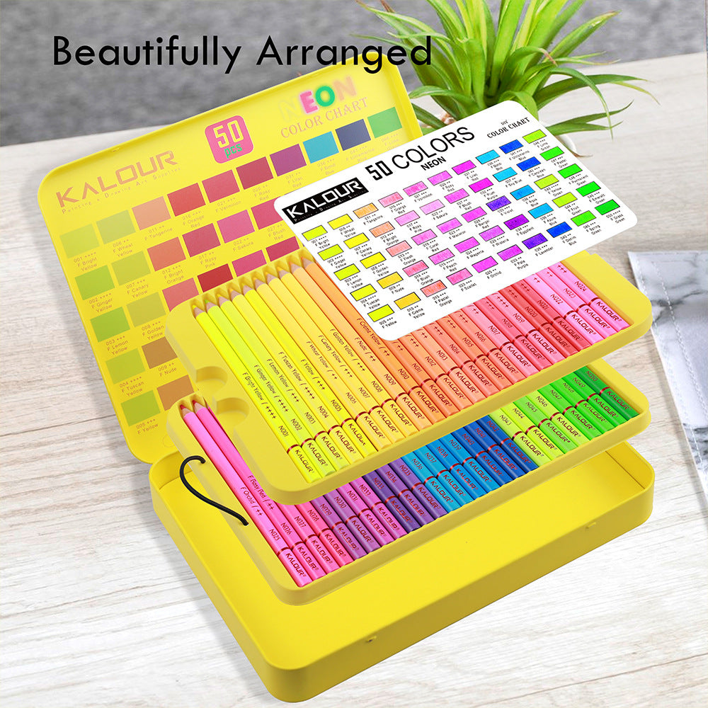 50 Colors Fluorescent Lead Colored Pencils, Art Drawing Pencils Set, Color Pencils Tin Box Set