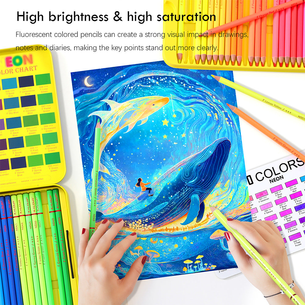 50 Colors Fluorescent Lead Colored Pencils, Art Drawing Pencils Set, Color Pencils Tin Box Set